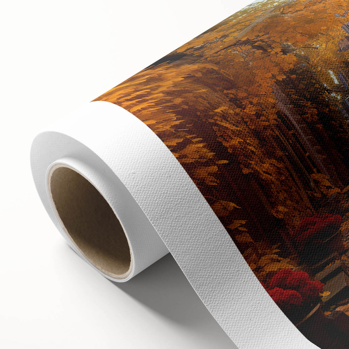 Rolled canvas showcasing vibrant street landscape design with colorful buildings and urban elements, perfect for modern home decor. Packaged in a protective tube for safe shipping.
