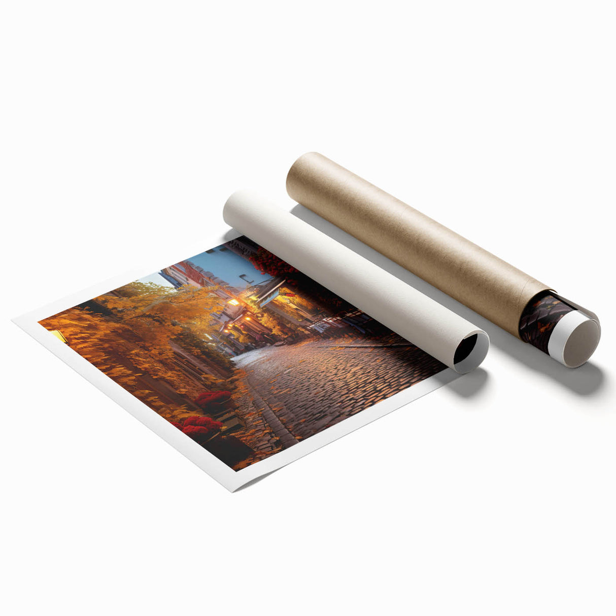 Rolled print showcasing a vibrant urban landscape design, featuring colorful streets and architecture, perfect for modern home decor or art collection, securely packaged in a protective tube.