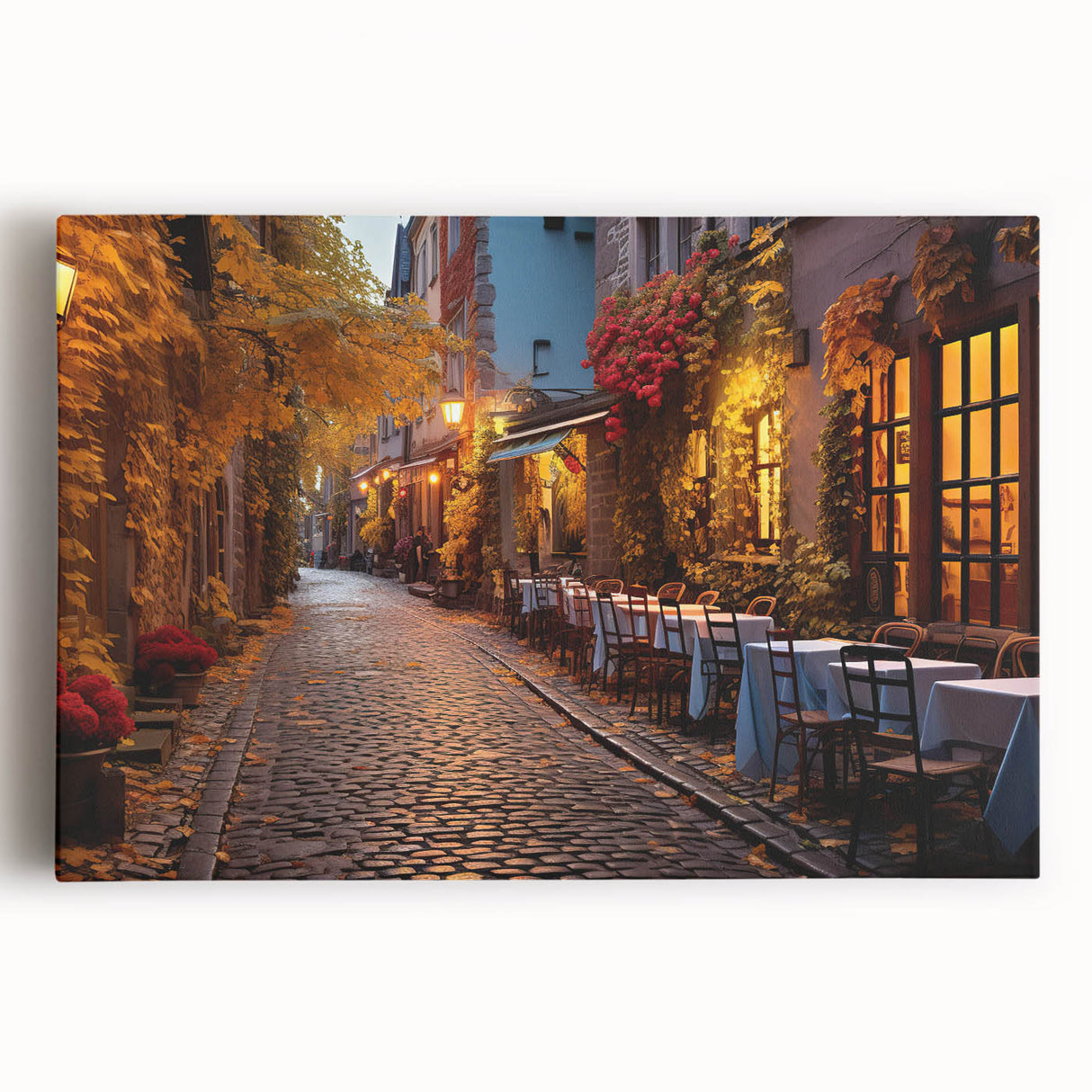 Stretched canvas wall art showcasing a vibrant urban landscape design, featuring colorful street scenes and abstract elements, ideal for modern home decor.