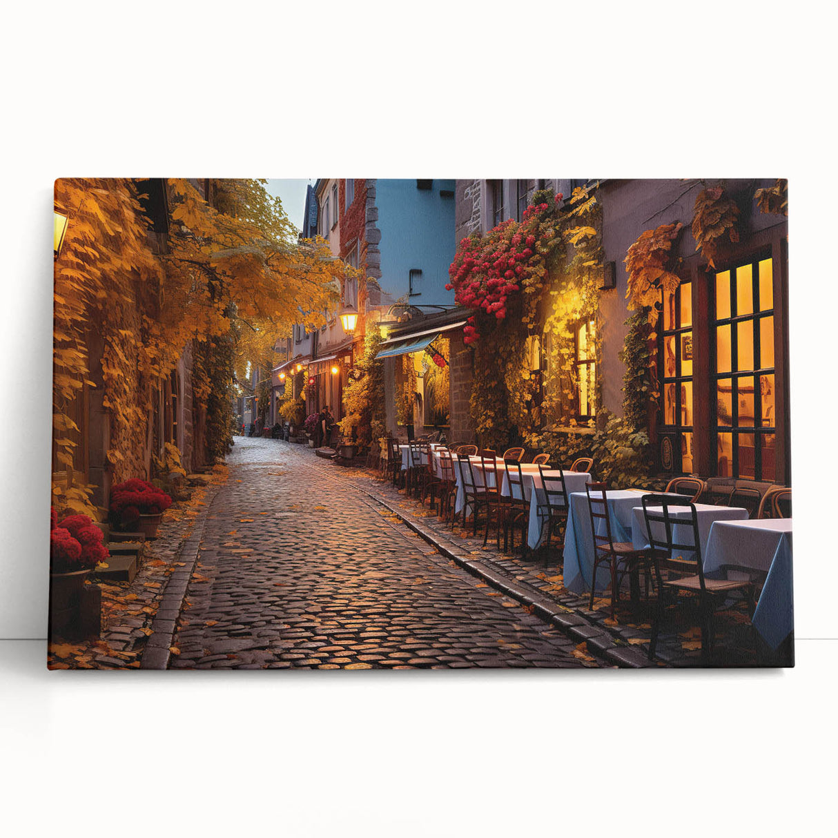 Stretched canvas art piece showcasing a vibrant street landscape design with a modern aesthetic, perfect for home decor and artistic expression. The artwork features bold colors and intricate details, creating an eye-catching focal point for any room. Ideal for art enthusiasts looking to enhance their living space with unique wall art.