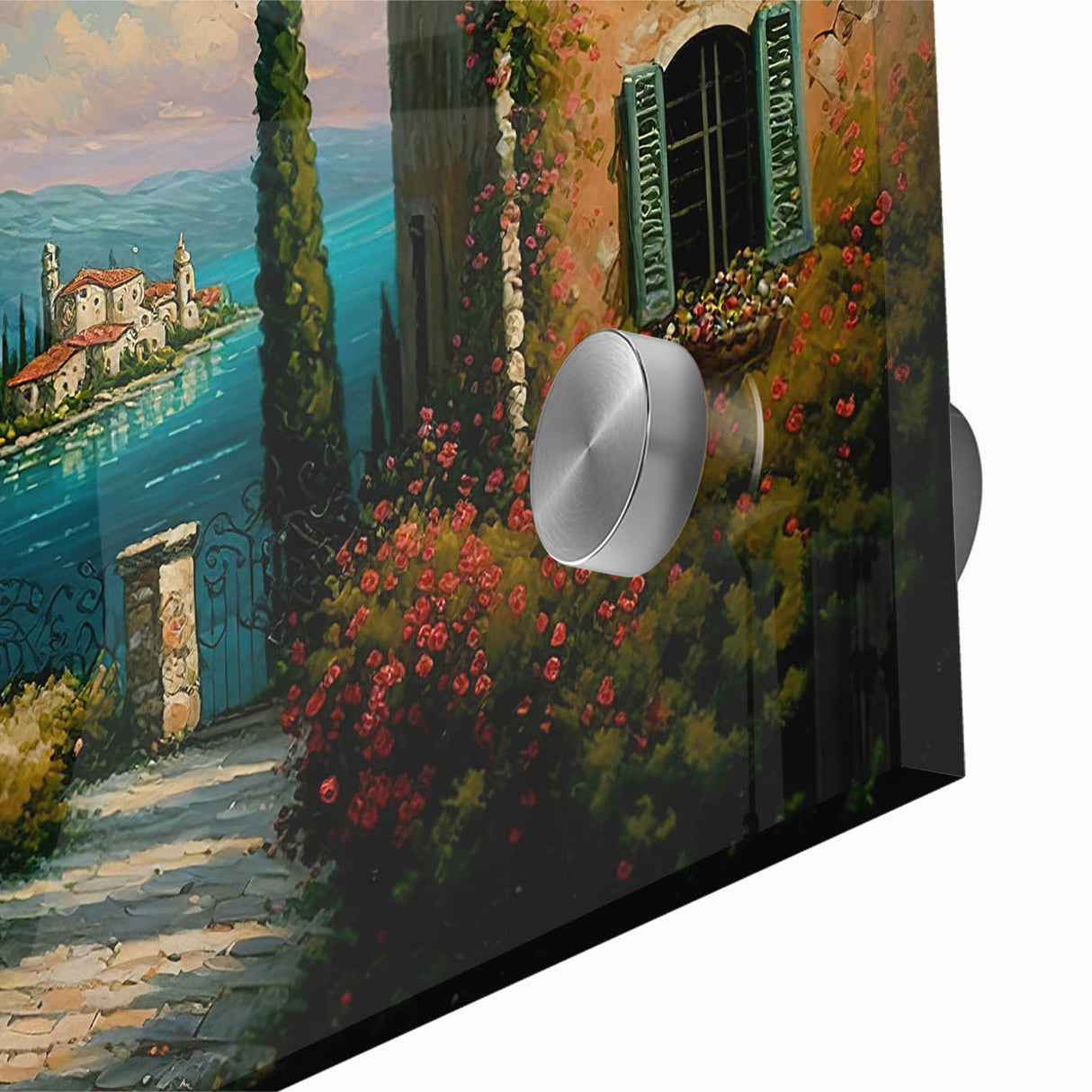 Close-up of a vibrant acrylic glass wall art piece showcasing an abstract landscape design, featuring rich colors and intricate details, ideal for modern decor.
