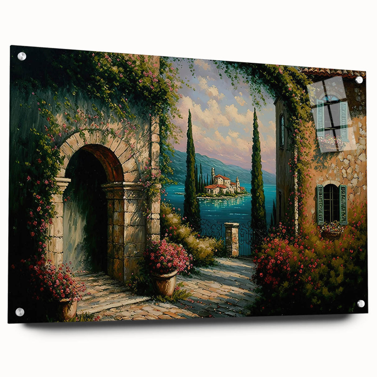Acrylic glass wall art collection showcasing a vibrant streetscape design with colorful landscapes and intricate details, displayed from a side view with pins for mounting. Perfect for modern home decor and art enthusiasts.