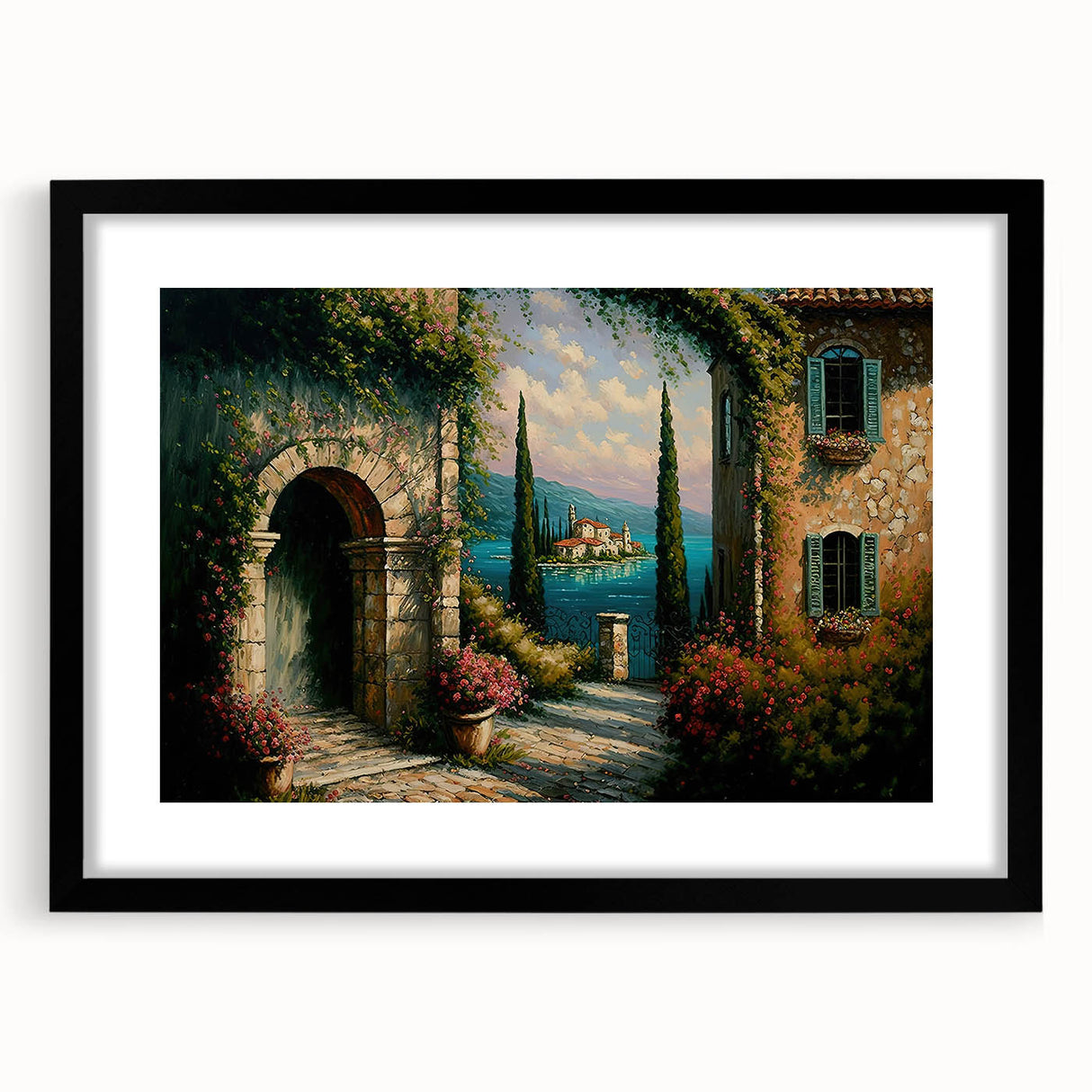 Framed black wall art featuring a modern landscapes and streets design, showcasing vibrant colors and intricate details, perfect for home decor and interior design enhancement.