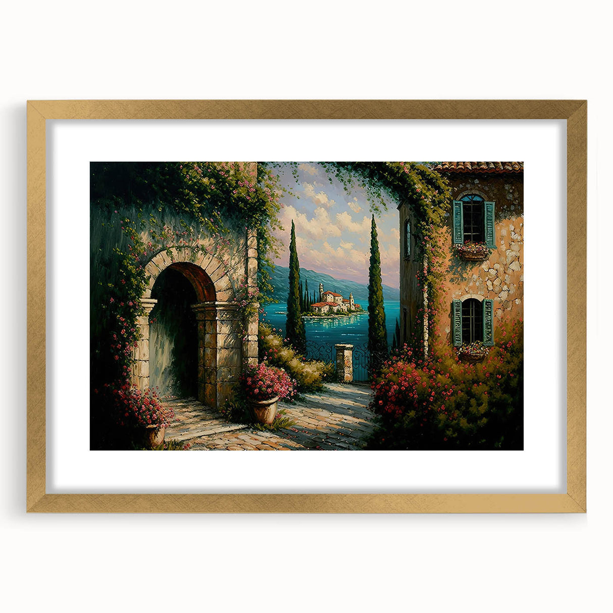 Framed landscape street art collection featuring a gold mat, showcasing vibrant cityscapes and artistic designs, perfect for modern home decor.