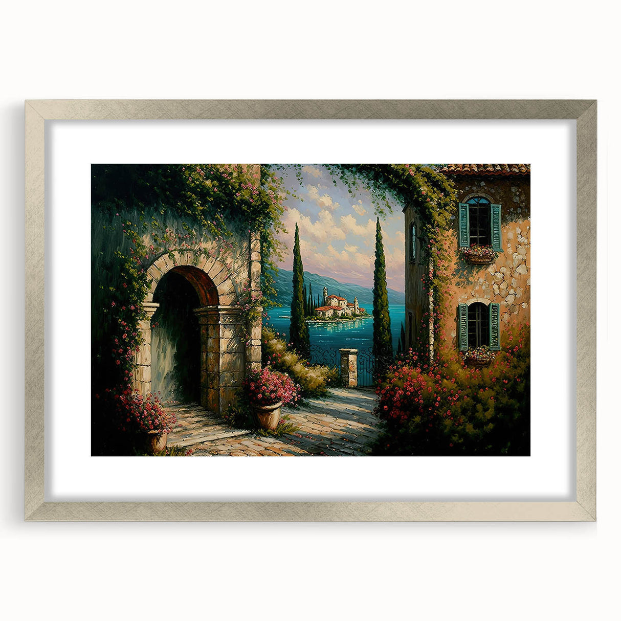 Framed silver wall art collection showcasing a scenic landscape design, featuring vibrant colors and intricate details, perfect for modern home decor.