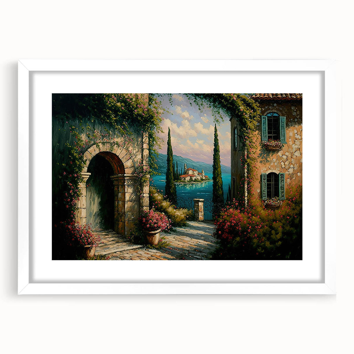 Framed landscape wall art collection showcasing vibrant street scenes with a white mat, perfect for modern home decor, enhancing any living space's aesthetic.