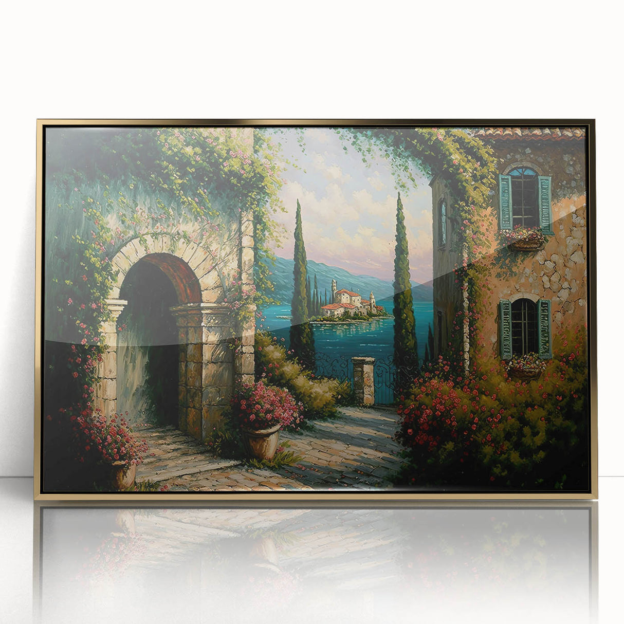 Framed acrylic wall art collection featuring a vibrant street landscape design with gold accents, showcasing modern artistic expression in a stylish setting. Perfect for contemporary home decor.