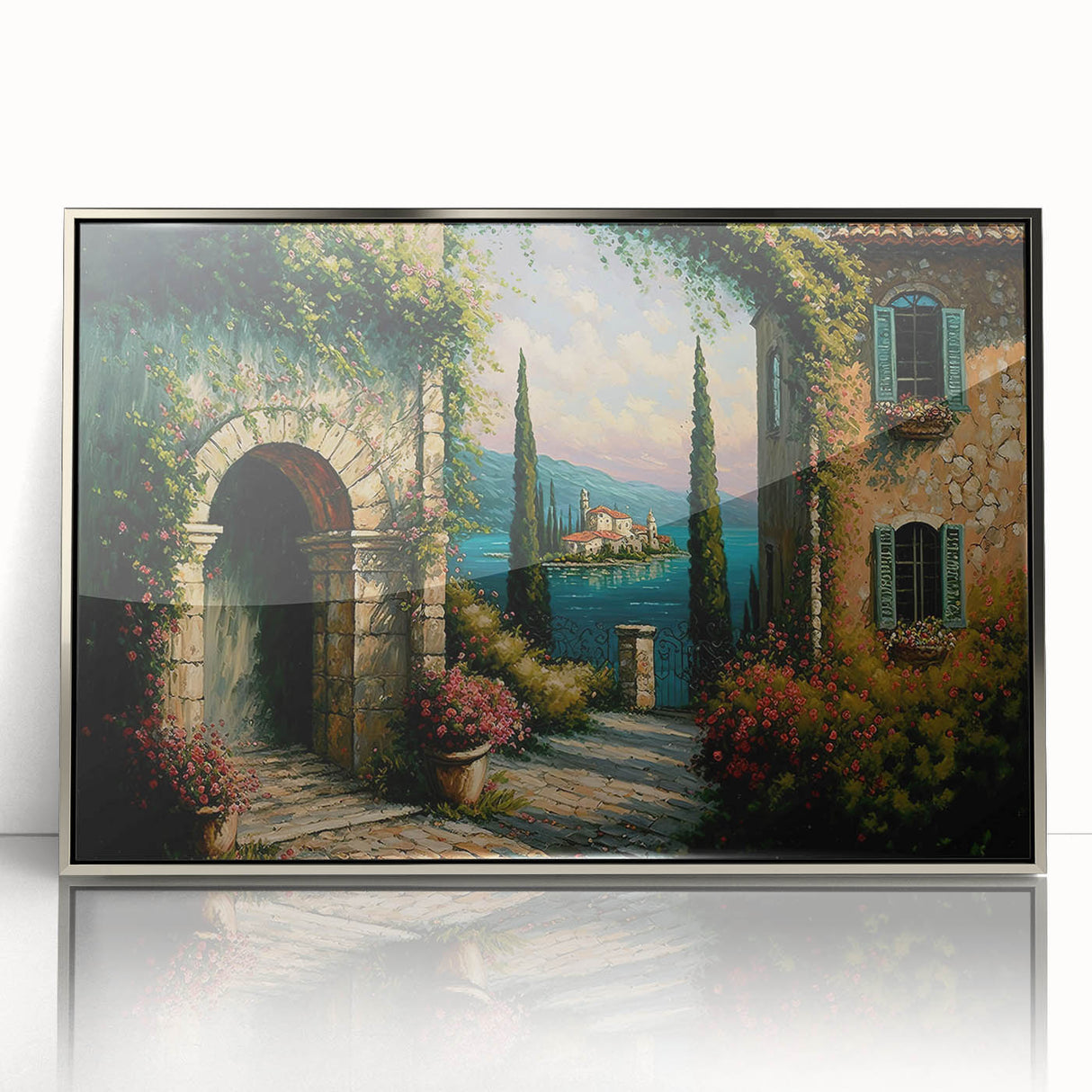 Framed wall art collection showcasing a modern silver-accented landscape design, featuring vibrant colors and intricate details, perfect for enhancing contemporary home decor.