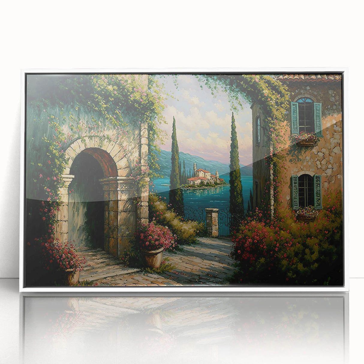 Framed acrylic wall art featuring a vibrant landscape design with streets and colorful buildings, highlighted by a sleek white frame, ideal for modern home decor.