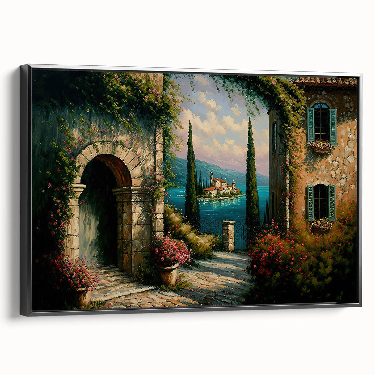 Framed canvas wall art showcasing a modern landscape design in vibrant colors, featuring a black frame and a side view perspective, perfect for contemporary decor.