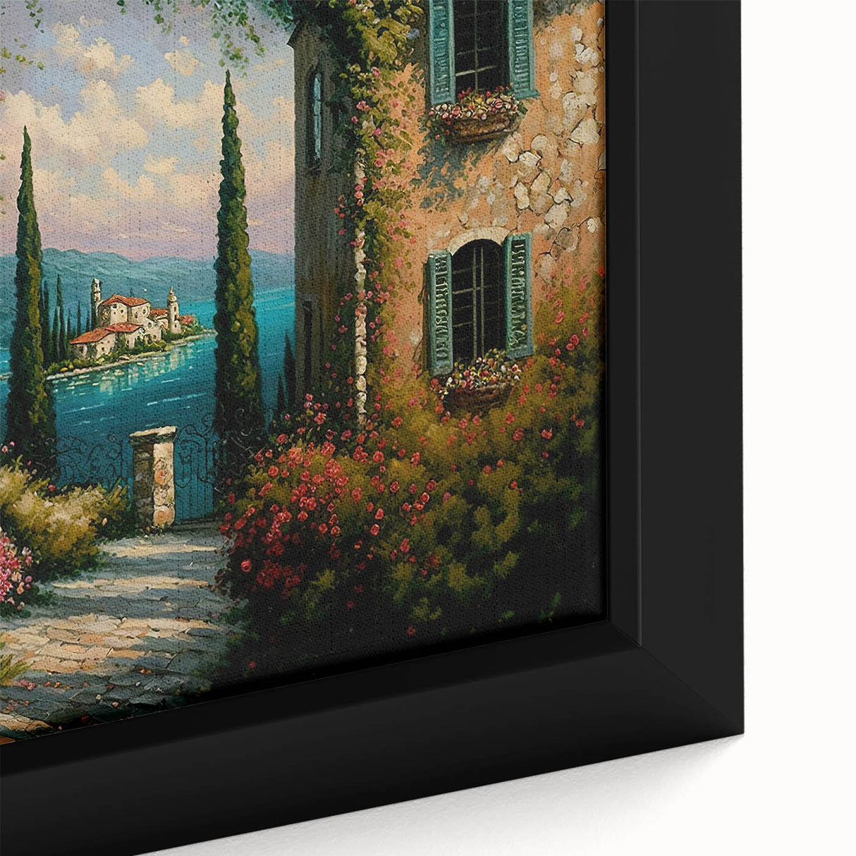 Close-up of a framed canvas wall art piece showcasing a vibrant landscape design, featuring rich colors and intricate details, perfect for modern interior decor.