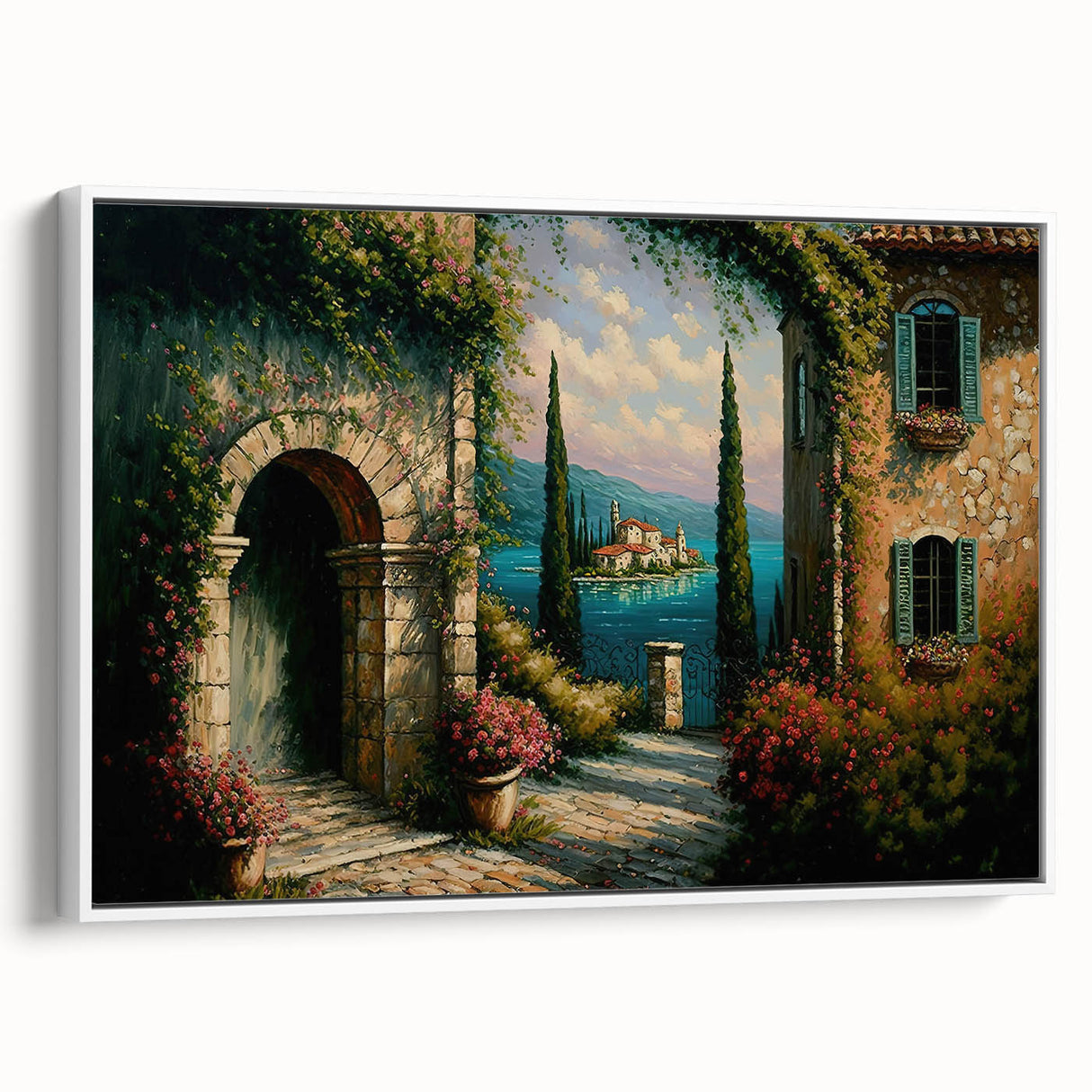 Framed canvas wall art featuring a modern landscape design with vibrant colors, displayed in a white frame, enhancing home décor and artistic ambiance.
