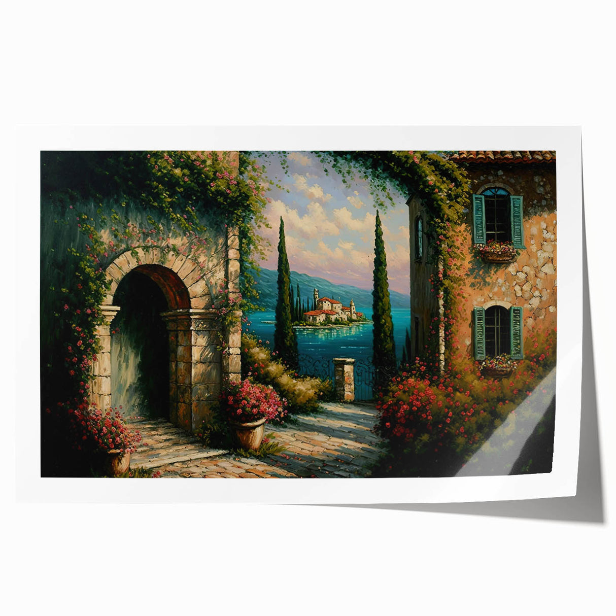 Rolled print of a vibrant landscape street design featuring colorful buildings and lush greenery, perfect for modern home decor. Packaged securely for easy display.