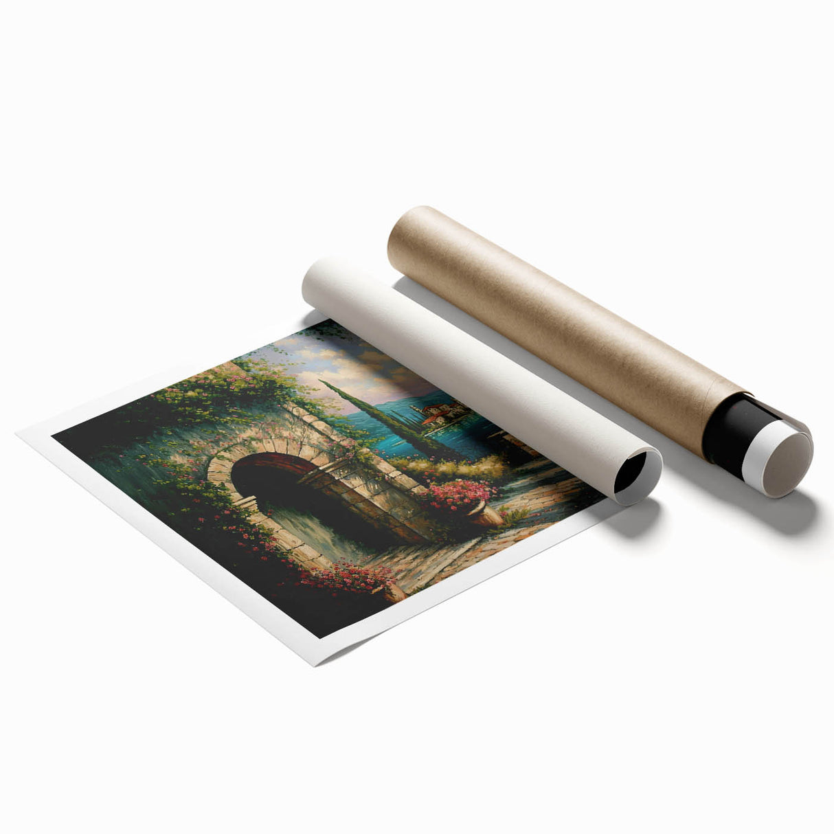 Colorful rolled canvas print showcasing a vibrant urban landscape design, featuring streets and buildings in rich hues, ready for framing or display.