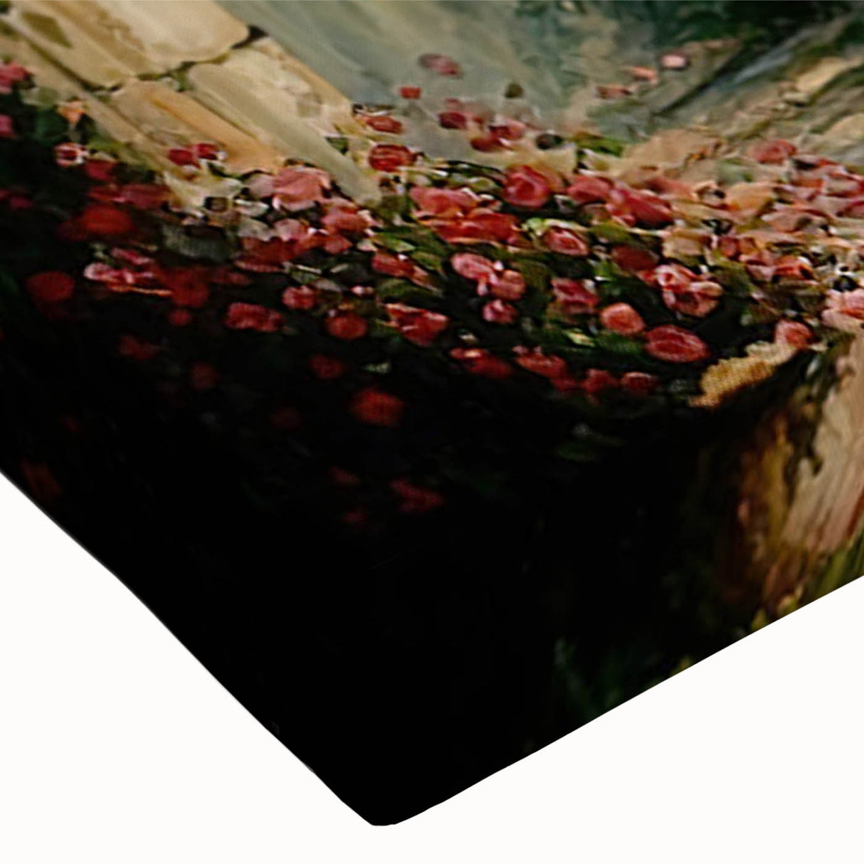 Close-up of a stretched canvas showcasing a vibrant landscape street design, featuring rich colors and intricate details, ideal for home decor or art collectors.