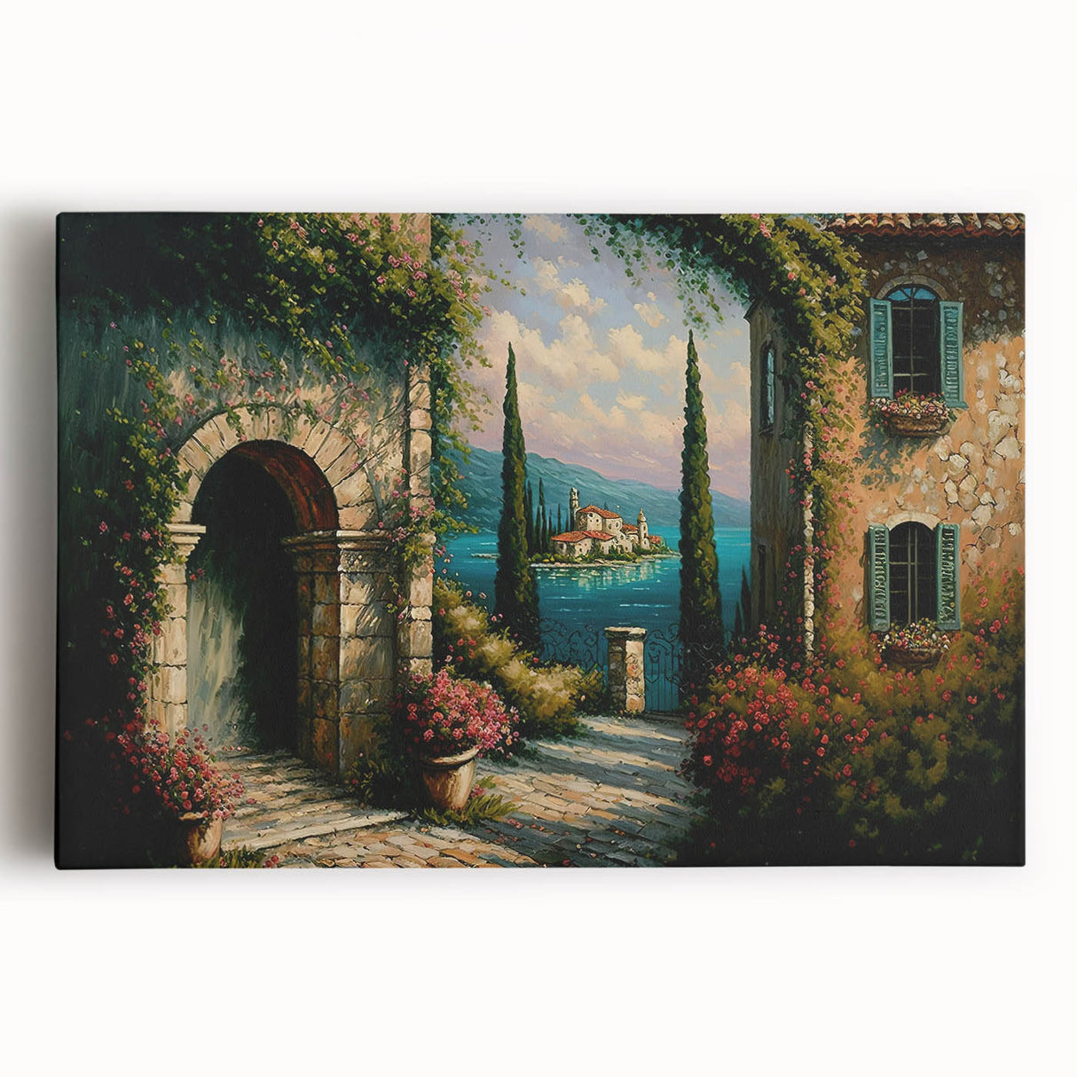 Stretched canvas wall art showcasing a vibrant city street landscape design with colorful buildings and trees, perfect for modern home decor.