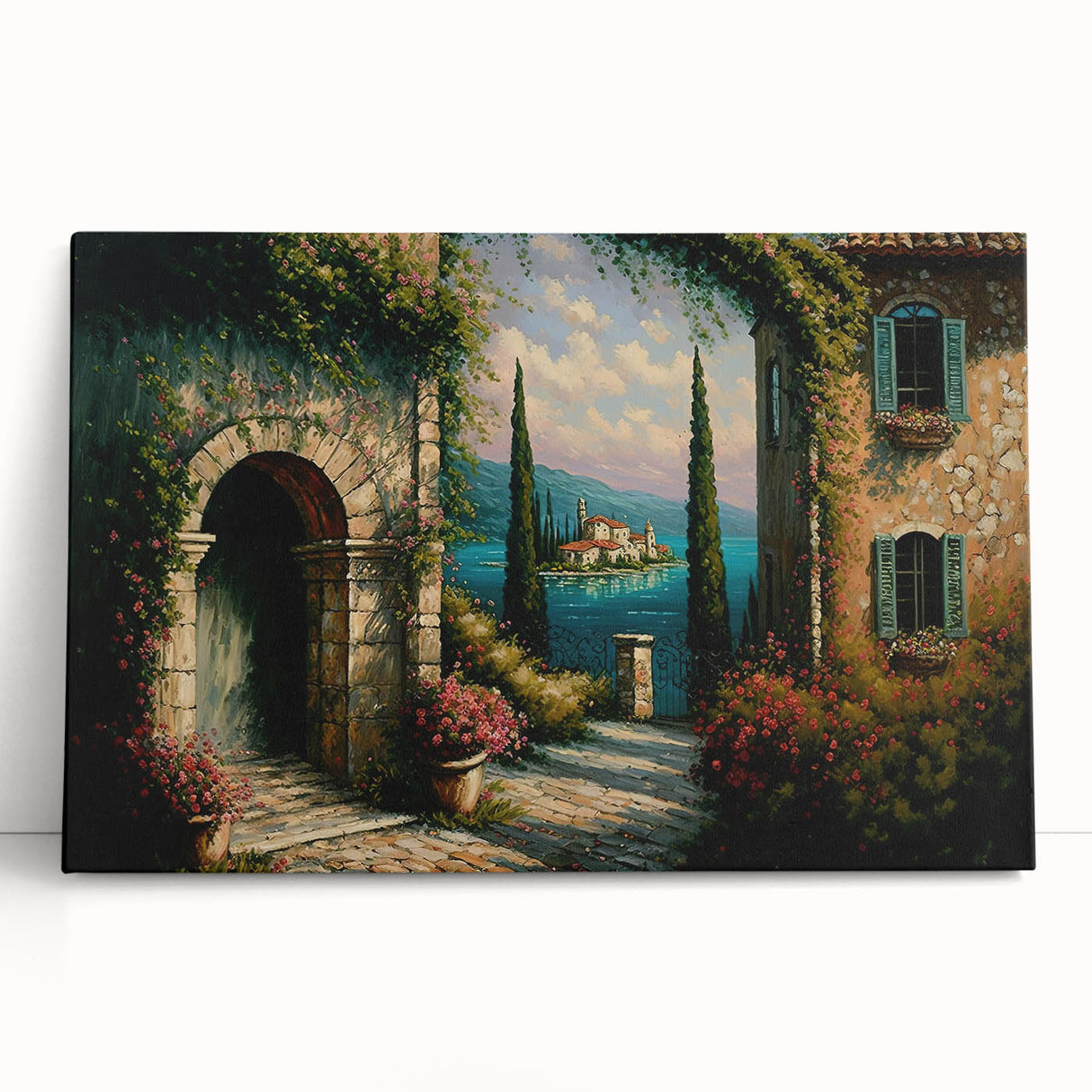 Vibrant stretched canvas artwork showcasing a modern street landscape design, featuring colorful buildings and dynamic urban elements, ideal for contemporary home decor.