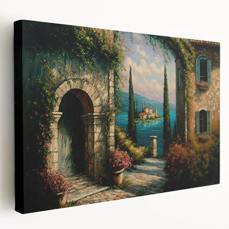 Stretched canvas wall art depicting a vibrant street landscape design, showcasing colorful buildings and intricate details, perfect for modern home decor.