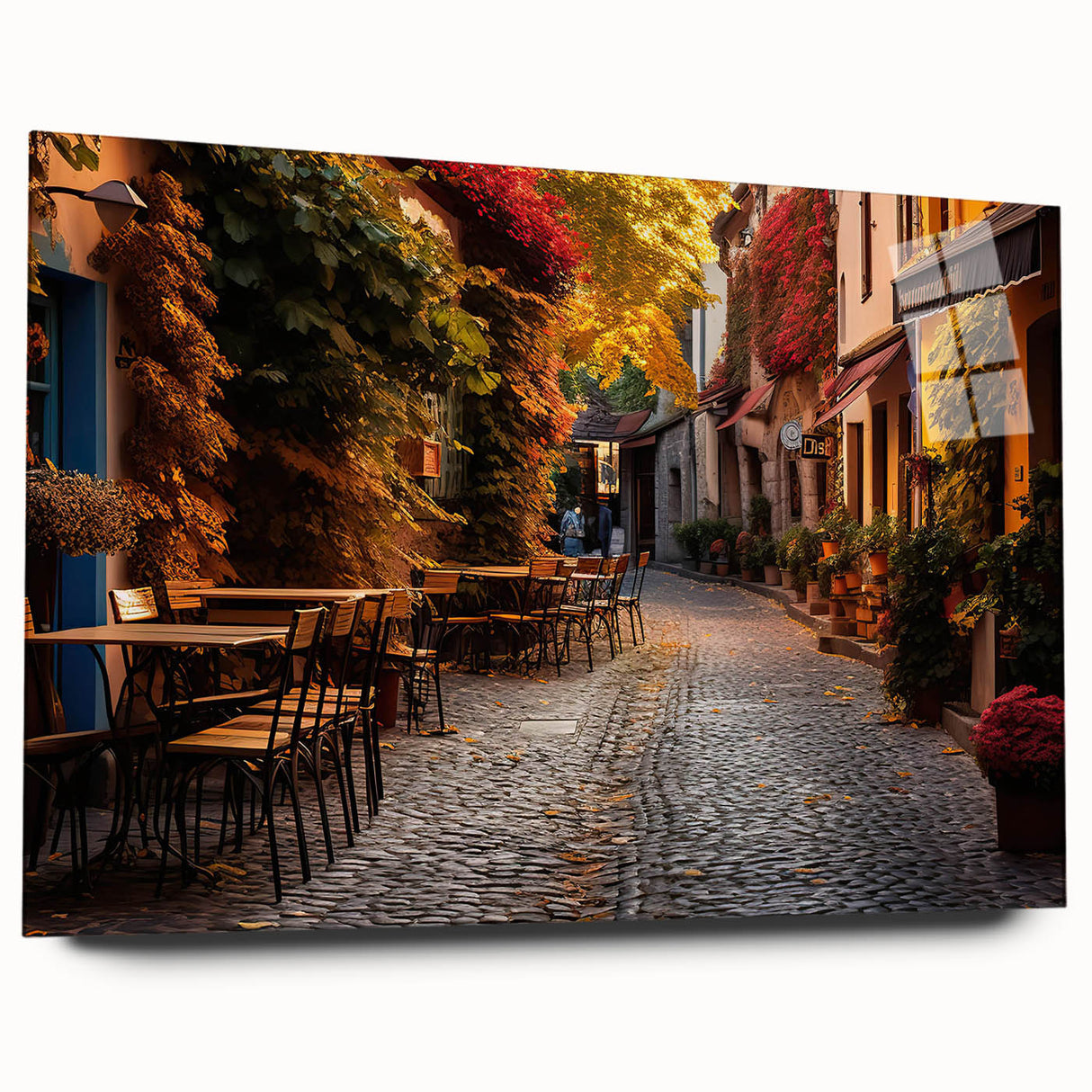 Acrylic glass wall art showcasing a vibrant street landscape design with bold colors and intricate details, elegantly displayed from a side view without pins, perfect for modern decor.