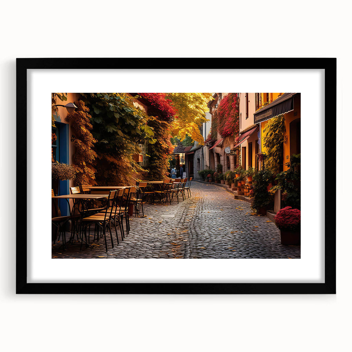 Framed wall art featuring a contemporary landscape design, showcasing vibrant colors and intricate details, set in a sleek black frame with a mat for added elegance. Perfect for enhancing modern home decor.