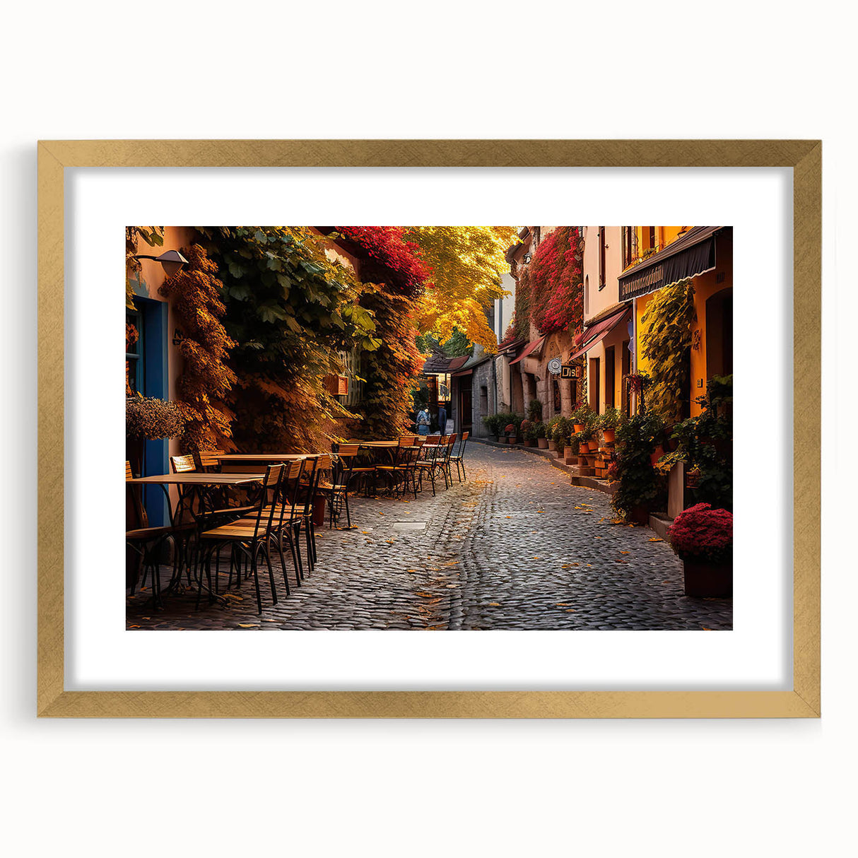 Elegant gold-framed wall art featuring a scenic landscape design, complete with a white mat for added depth, perfect for enhancing modern home decor.