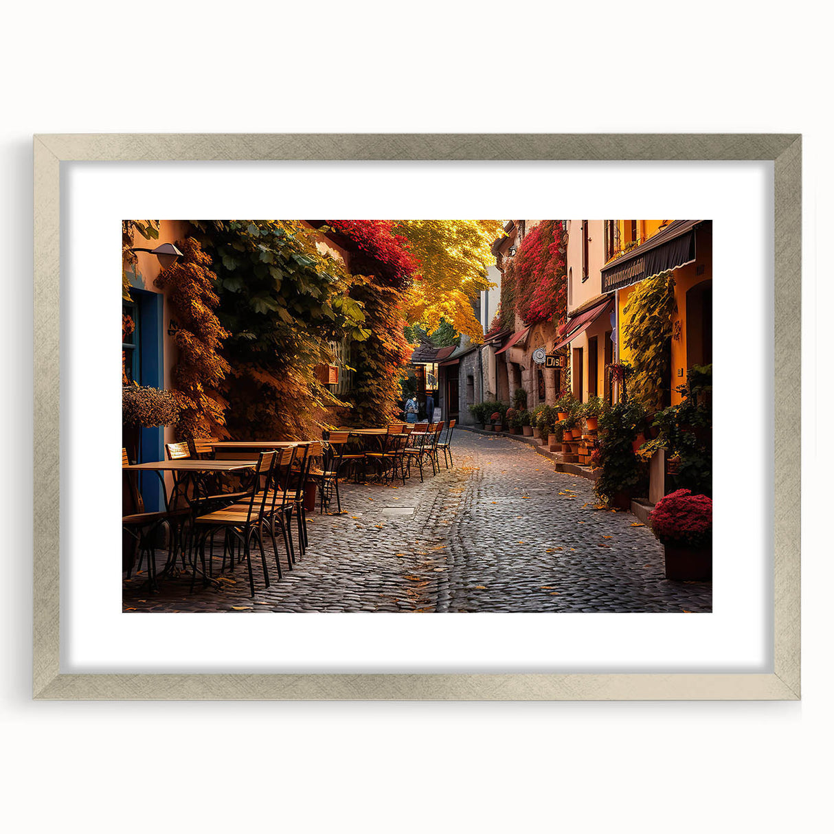 Framed wall art collection featuring a silver mat, showcasing a vibrant landscape and street design. Ideal for modern home decor or office aesthetics.