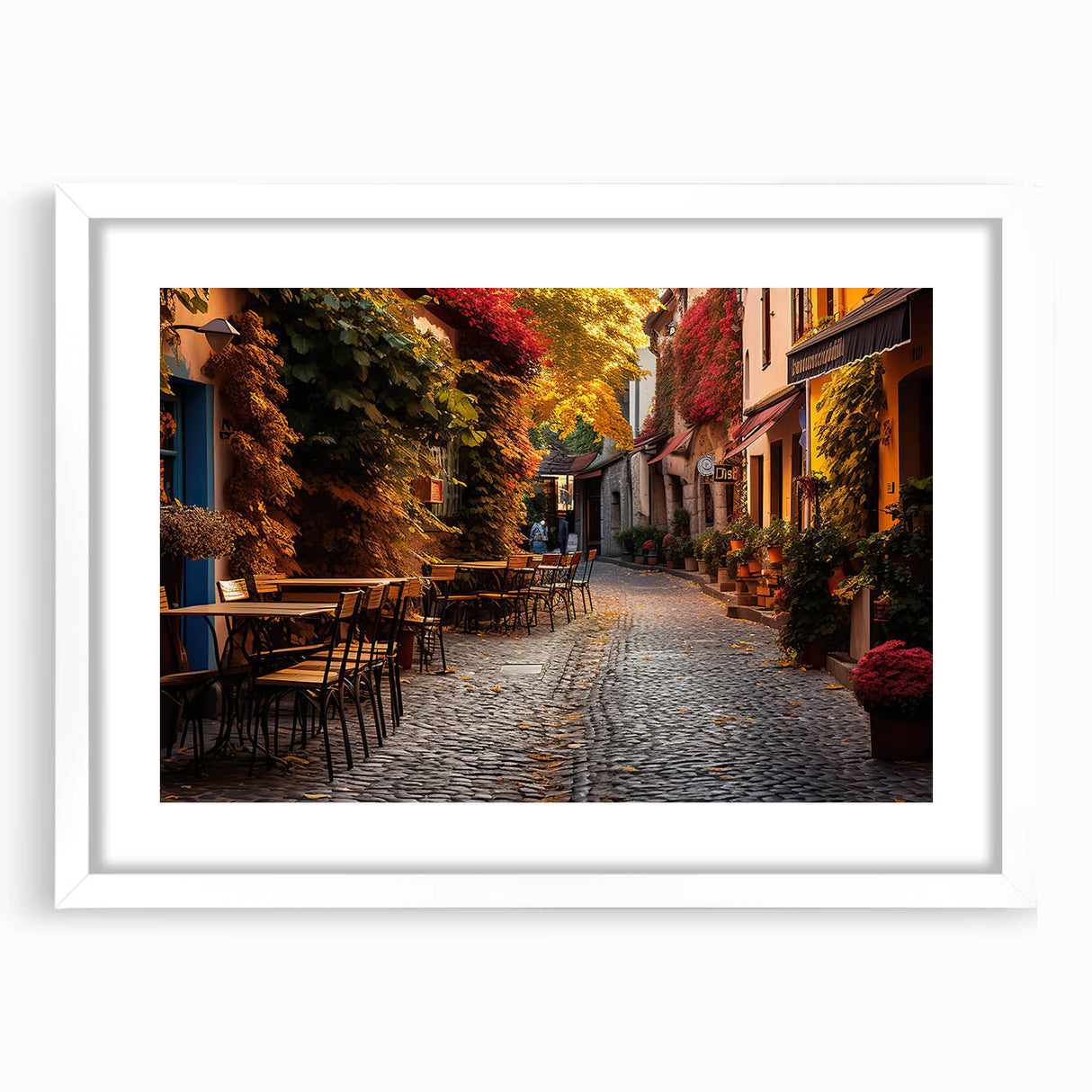 Framed landscape wall art collection featuring vibrant street design, white matting, and modern aesthetics, perfect for home or office decor.