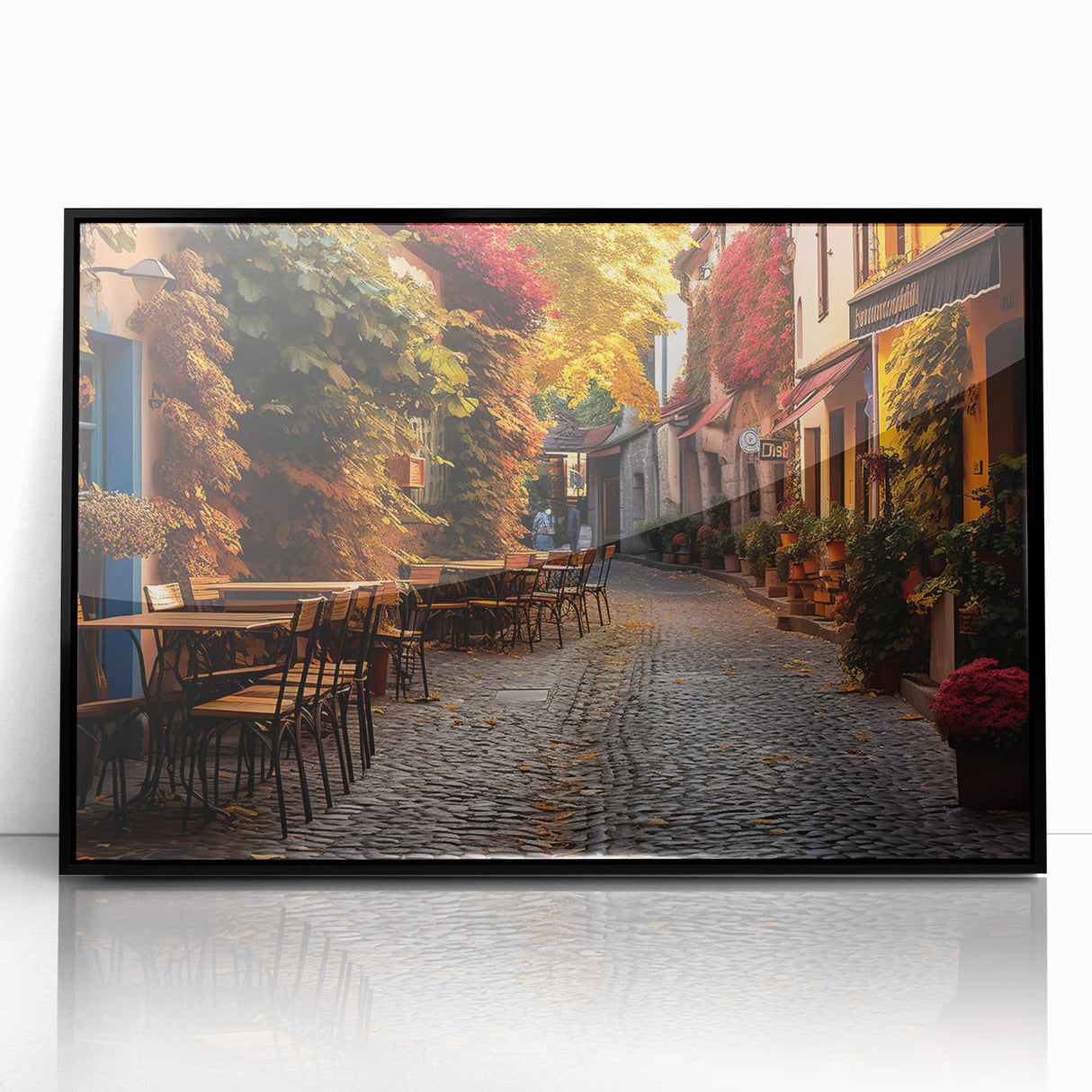 Framed acrylic wall art featuring a vibrant cityscape design, showcasing colorful streets and buildings, presented with a sleek black frame for modern decor.