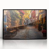 Framed acrylic wall art featuring a vibrant cityscape design, showcasing colorful streets and buildings, presented with a sleek black frame for modern decor.