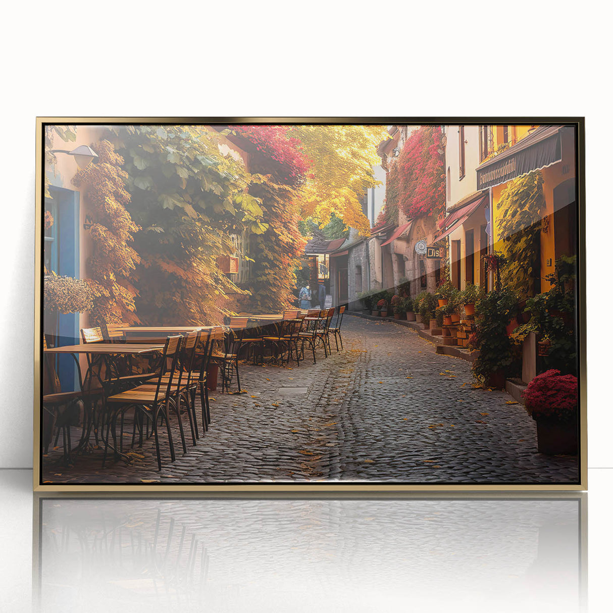 Framed acrylic wall art featuring a stunning landscape design with gold accents, perfect for modern home decor. Ideal for enhancing living room aesthetics.
