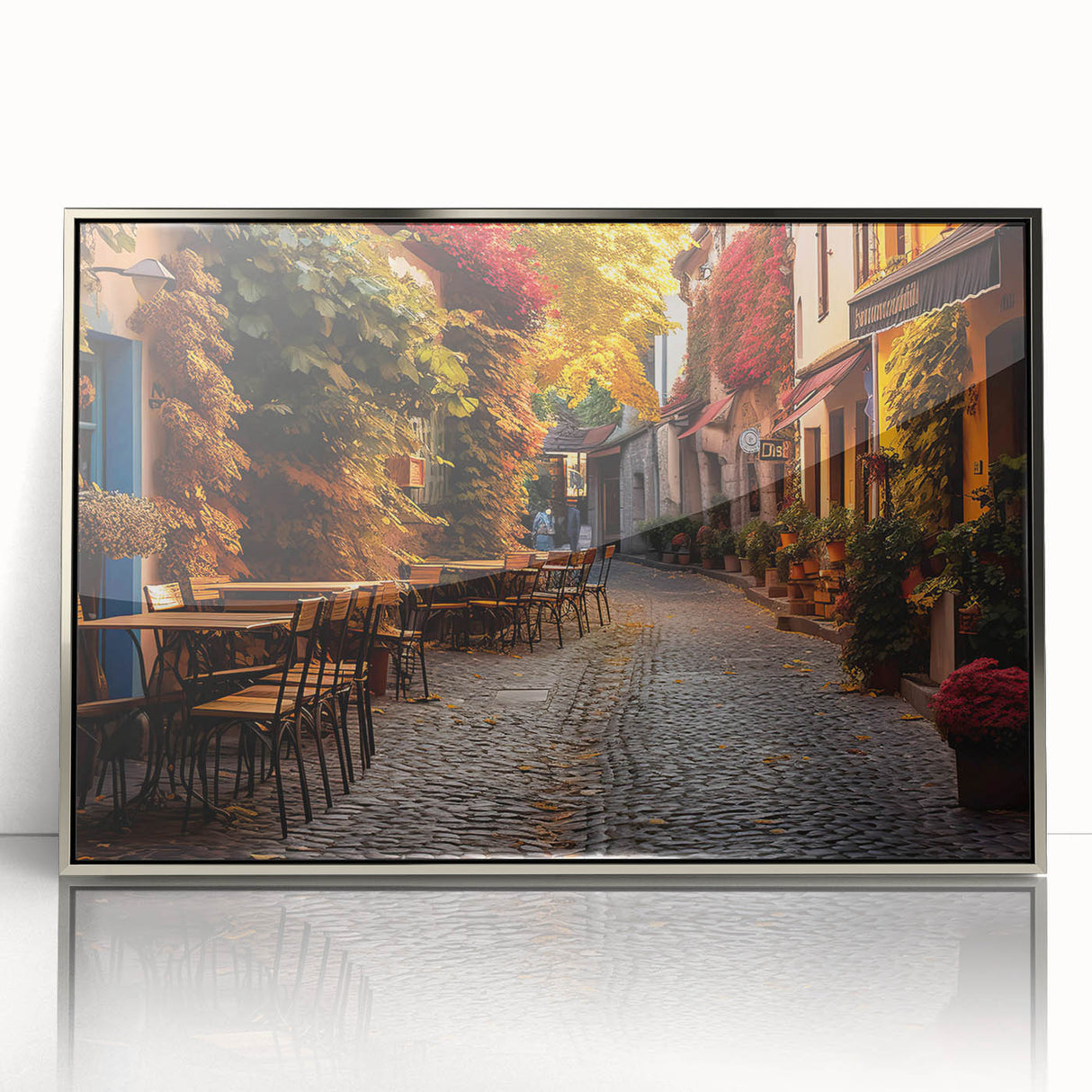 Framed acrylic wall art featuring a vibrant street landscape design with silver accents, ideal for modern home decor. Showcases urban scenery in a stylish frame.