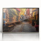 Framed acrylic wall art featuring a vibrant street landscape design with silver accents, ideal for modern home decor. Showcases urban scenery in a stylish frame.