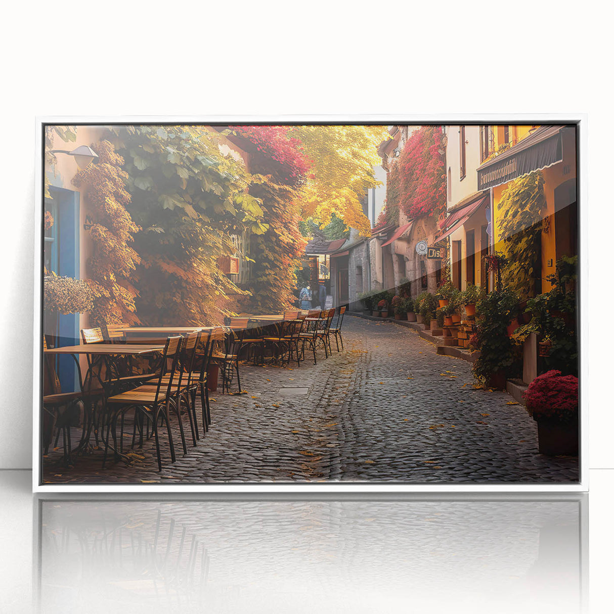 Framed wall art showcasing a vibrant urban landscape design with streets and buildings, featuring a sleek white frame for modern decor enhancement. Ideal for contemporary home or office settings.