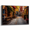 Framed canvas wall art showcasing a modern street landscape design in vibrant colors, with a sleek black frame, perfect for contemporary home decor.