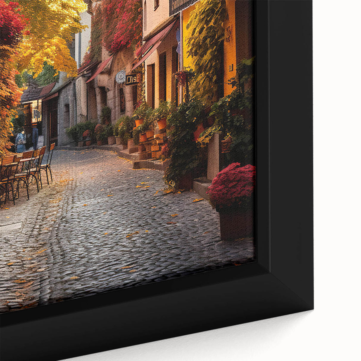 Framed canvas artwork showcasing a vibrant street landscape design, featuring intricate details and colorful hues, perfect for modern home decor and art enthusiasts.