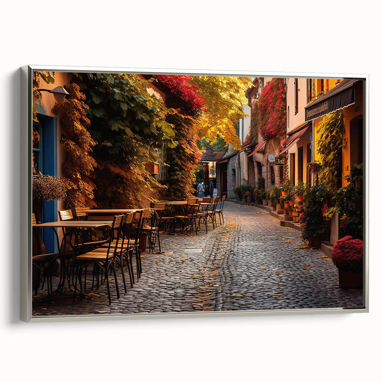 Framed canvas wall art showcasing a serene street landscape design, featuring vibrant colors and intricate details, set in a sleek silver frame, perfect for home decor.