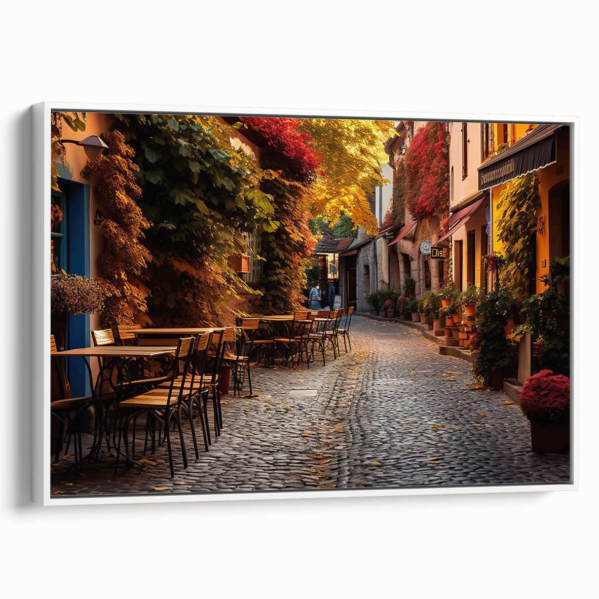 Framed canvas wall art showcasing a serene landscape design with vibrant colors, set against a sleek white frame, ideal for modern home decor.