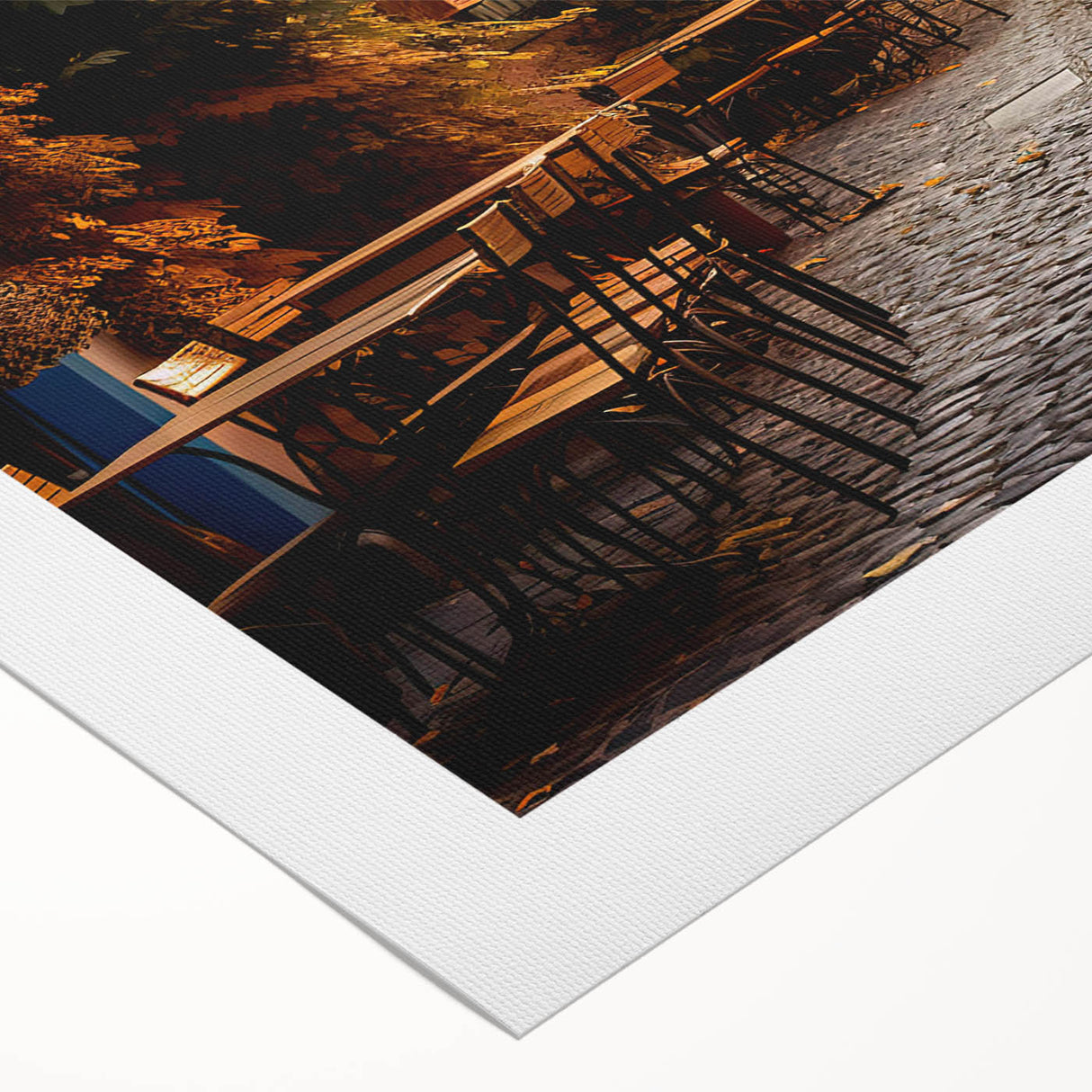 Rolled canvas art showcasing a vibrant street landscape design with colorful buildings and trees, ideal for modern home decor. Packaged securely in a durable tube.
