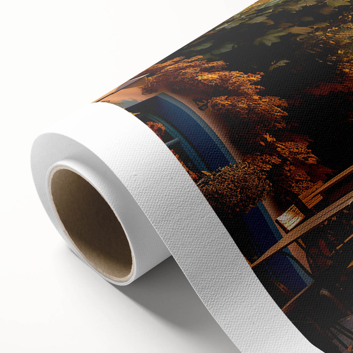 Rolled canvas showcasing a vibrant cityscape design, depicting colorful street scenes and modern architecture, ideal for contemporary home decor.