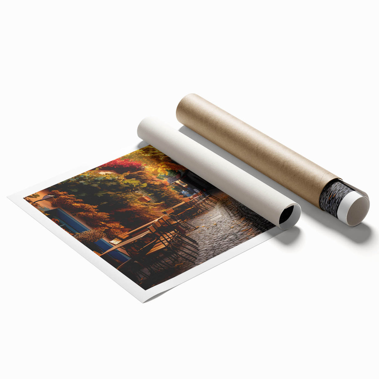 Rolled print showcasing a vibrant landscape street scene with colorful buildings and urban elements, designed for wall art decor, ideal for enhancing any living space.