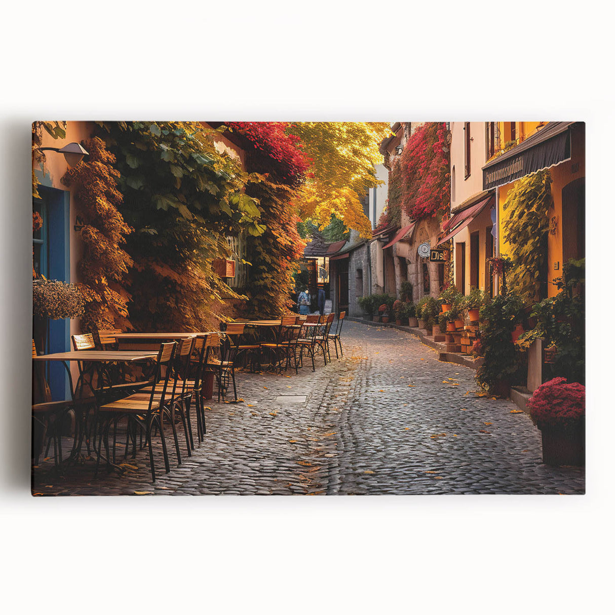 Stretched canvas wall art featuring a vibrant landscape design, showcasing colorful streets and buildings. Perfect for modern home decor or office spaces, adding a lively touch to any room.