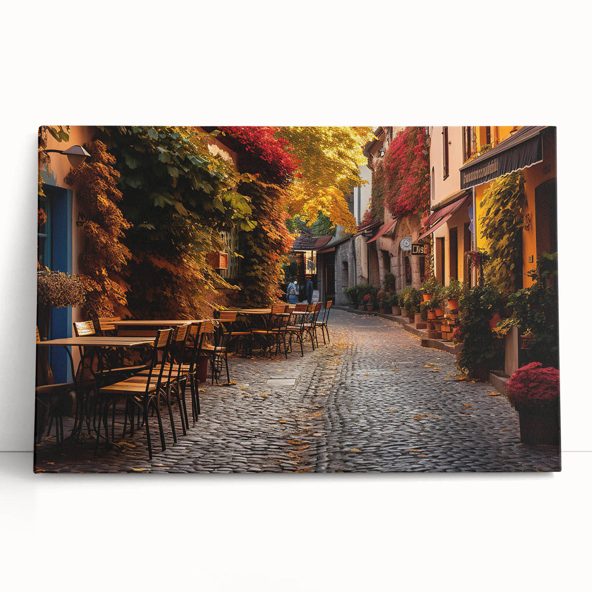 Stretched canvas wall art featuring a vibrant street landscape design, showcasing colorful buildings and urban scenery, perfect for modern home decor.