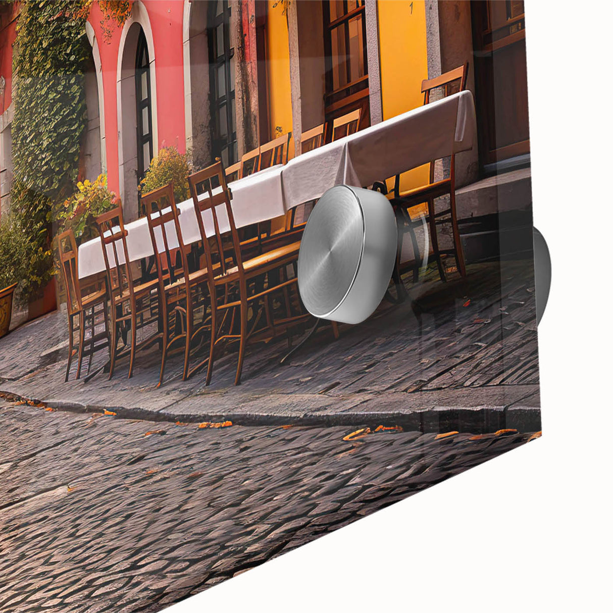 Close-up of a vibrant acrylic glass wall art piece showcasing a colorful street landscape design. The artwork features intricate details and bold colors, perfect for modern decor. Ideal for enhancing living spaces with artistic flair and urban charm.