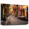 Acrylic glass wall art showcasing a vibrant streetscape design, displayed from a side view with decorative pins, perfect for modern home decor.