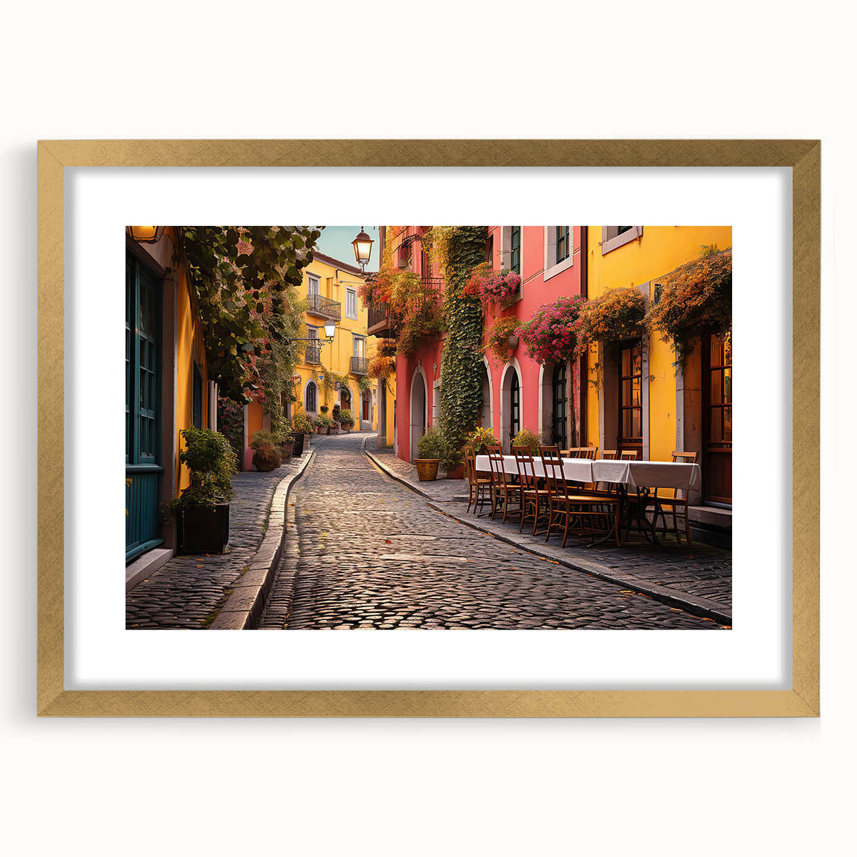 Elegant framed wall art collection featuring a gold mat, showcasing a vibrant landscape street design. Perfect for enhancing home decor with a touch of sophistication.