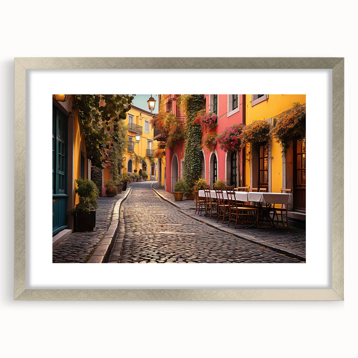 Framed wall art showcasing a contemporary street landscape design, featuring a silver mat and sleek frame, perfect for modern home decor. Ideal for enhancing living spaces.