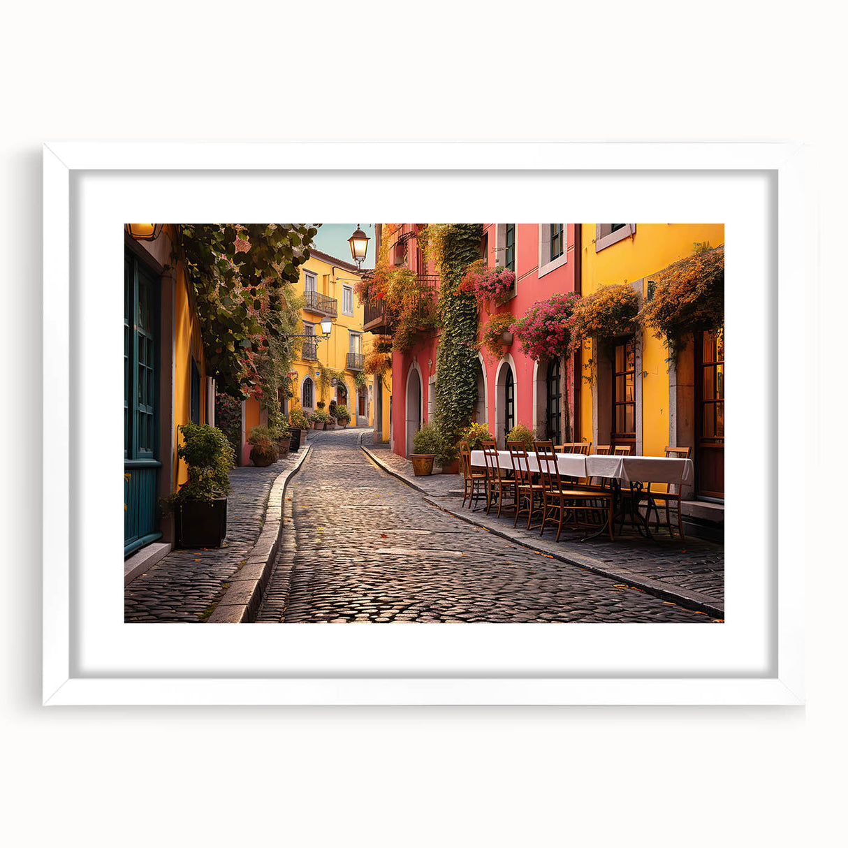 Framed white mat landscape wall art collection showcasing a vibrant street design, featuring bold colors and intricate details, perfect for modern home decor.