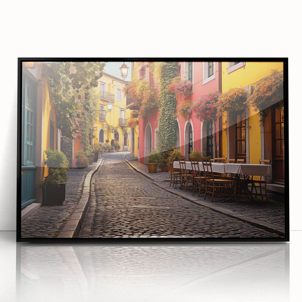 Framed acrylic wall art featuring a modern street landscape design, showcasing vibrant colors and intricate details, perfect for contemporary home decor.
