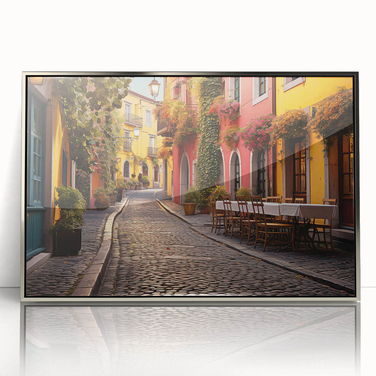 Framed acrylic wall art featuring a modern landscape street design, showcasing vibrant colors and intricate details, perfect for contemporary home decor.