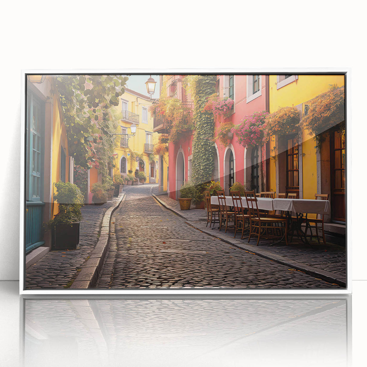 Framed acrylic wall art showcasing a vibrant city street landscape with colorful buildings and a clear blue sky, perfect for adding a modern touch to home decor.
